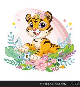 Cute cartoon character tiger cub in flowers. Vector illustration isolated on a white background. For print, design, advertising, stationery, t-shirt and textiles,decor, sublimation. Cute cartoon vector tiger cub in flowers