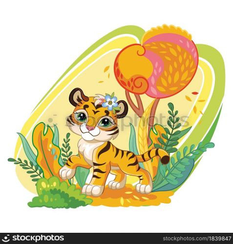 Cute cartoon character tiger cub in the autumn forest. Vector illustration isolated on a white background. For print, design, advertising, stationery, T-shirt design and textiles, decor, sublimation.. Cute cartoon vector tiger in autumn background