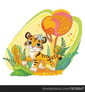 Cute cartoon character tiger cub in the autumn forest. Vector illustration isolated on a white background. For print, design, advertising, stationery, T-shirt design and textiles, decor, sublimation.. Cute cartoon vector tiger in autumn background