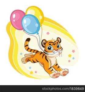Cute cartoon character tiger cub runs with balloons. Vector illustration isolated on a white background. For print, design, advertising, stationery, T-shirt design and textiles, decor, sublimation.. Cute cartoon vector tiger runs with balloons