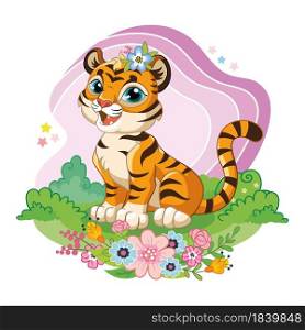 Cute cartoon character tiger cub sitting in a meadow in flowers. Vector illustration isolated on a white background. For print, design, advertising, stationery, t-shirt and textiles,decor, sublimation. Cute cartoon vector tiger sitting in flowers