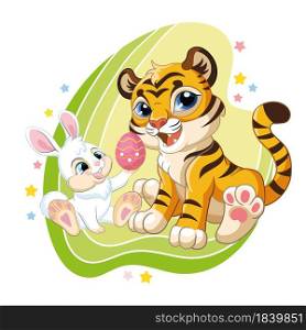 Cute cartoon character tiger cub with Easter bunny and easter egg. Vector illustration isolated on a white. For print, design, advertising, stationery, T-shirt design and textiles, decor, sublimation. Cute cartoon vector tiger with Easter bunny