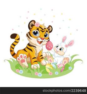 Cute cartoon character tiger cub with Easter bunny and easter egg. Vector illustration isolated on a white. For print, design, advertising, stationery, T-shirt design and textiles, decor, sublimation. Cute tiger with Easter bunny vector illustration
