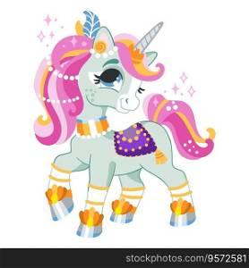 Cute cartoon character unicorn in jewels. Vector illustration isolated on a white background. Happy magic unicorn. For print, design, poster, sticker, card, decoration,t shirt,kids clothes. Cute cartoon character unicorn in jewels vector illustration