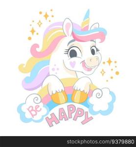 Cute cartoon character unicorn with a rainbow and lettering be happy. Vector isolated illustration. White background. For print, design, poster, sticker, card, decoration, t shirt. Cute cartoon character magic happy unicorn vector