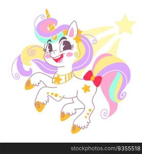 Cute cartoon character unicorn with a star and rainbow mane. Vector isolated illustration. White background. For print, design, poster, sticker, card, decoration, t shirt. Cute cartoon character unicorn with a star