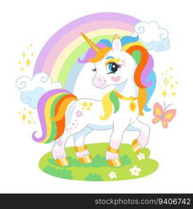 Cute cartoon character unicorn with rainbow in a flowering meadow. Vector illustration isolated on a white background. Happy magic unicorn. For print, design, poster, sticker, card, decoration,t shirt. Cute cartoon character happy unicorn vector illustration 7