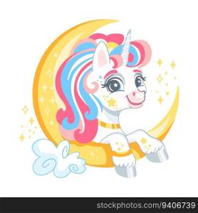 Cute cartoon character white unicorn with moon. Digital vector illustration isolated on a white background. Happy little magic unicorn. For print, design, poster, sticker, card, decoration, t shirt. Cute cartoon character happy unicorn vector illustration 9
