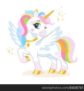 Cute cartoon character white unicorn with wings. Digital vector illustration isolated on a white background. Happy little magic unicorn. For print, design, poster, sticker, card, decoration, t shirt