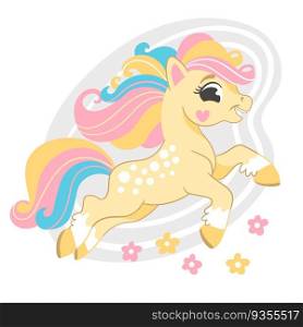Cute cartoon character yellow unicorn with flowers. Vector isolated illustration. White background. For print, design, poster, sticker, card, decoration, t shirt. Cute cartoon character yellow unicorn with flowers