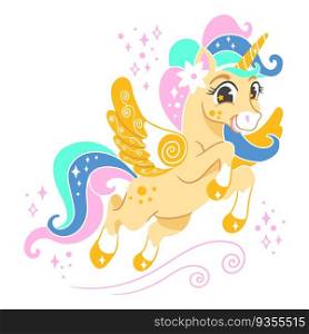 Cute cartoon character yellow unicorn with wings and long mane and tail. Vector isolated illustration. White background. For print, design, poster, sticker, card, decoration, t shirt. Cute cartoon character yellow unicorn with wings