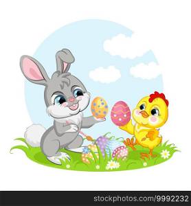 Cute cartoon characters chicken and rabbit with easter eggs. Vector isolated illustration. For postcard, posters, nursery design, greeting card, stickers, room decor,t-shirt,kids apparel, invitation. Little cute funny characters chicken and rabbit vector