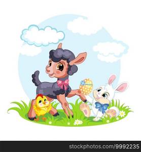 Cute cartoon characters chicken, lamb, rabbit with easter eggs. Vector isolated illustration. For postcard, posters, nursery design, greeting card, stickers,room decor,t-shirt,kids apparel, invitation. Little cute funny characters chicken, rabbit and lamb