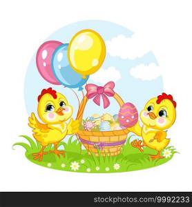 Cute cartoon characters two chickens and the basket with easter eggs. Vector isolated illustration. For postcard, poster, nursery design, cards, stickers, room decor, t-shirt, kids apparel, invitation. Little cute funny characters two chickens and basket vector