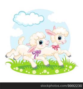 Cute cartoon characters two lambs running on a flower meadow. Vector isolated illustration. For postcard, posters, nursery design, greeting card, stickers, room decor, t-shirt, kids apparel,invitation. Little cute funny characters white lambs vector
