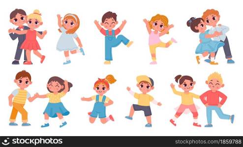 Cute cartoon children boys and girls dancing in couples. Kindergarten kids dance waltz, jump and have fun. Happy child characters vector set. Classical performance, entertainment for kids