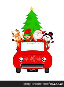 Cute cartoon Christmas character with red car. Santa Claus, Snowman, Reindeer and little elf. Christmas theme concept. Illustration.