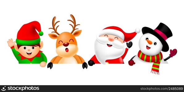Cute cartoon Christmas characters, Santa claus, snowman, Reindeer and little elf. Illustration.