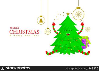 Cute cartoon christmas tree with gift box and hanging ball. Merry christmas and new year for greeting card, banner, poster.