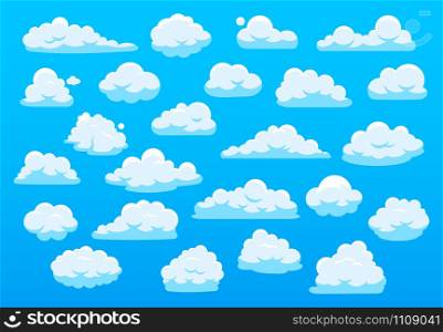 Cute cartoon clouds. Blue sky with cute cartoon cloud, nature white clouds, fluffy cloudscape heaven panorama white clouds of different shape vector illustration set. Overcast simple elements pack. Cute cartoon clouds. Blue sky with cute cartoon cloud, nature white clouds, fluffy cloudscape heaven panorama white clouds of different shape vector illustration set. Overcast elements bundle