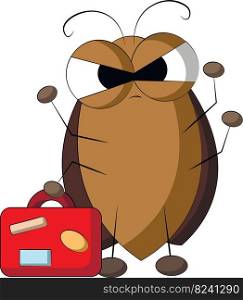 Cute cartoon Cockroach wiht suitcase. Draw illustration in color