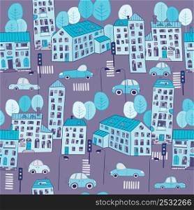 Cute cartoon colorful houses, cars and trees seamless pattern. Cityscape doodle vector illustration for children.