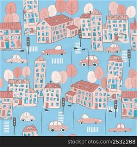 Cute cartoon colorful houses, cars and trees seamless pattern. Cityscape doodle vector illustration for children.