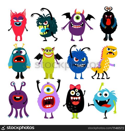 Cute cartoon colorful mosters with different emotions collection, vector illustration. Cute cartoon mosters collection