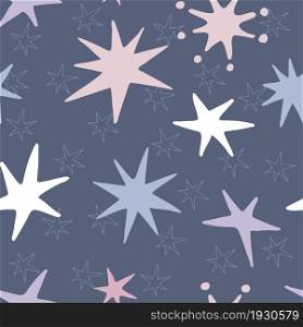 Cute cartoon colorful stars on a blue background. Seamless pattern. Vector illustration.