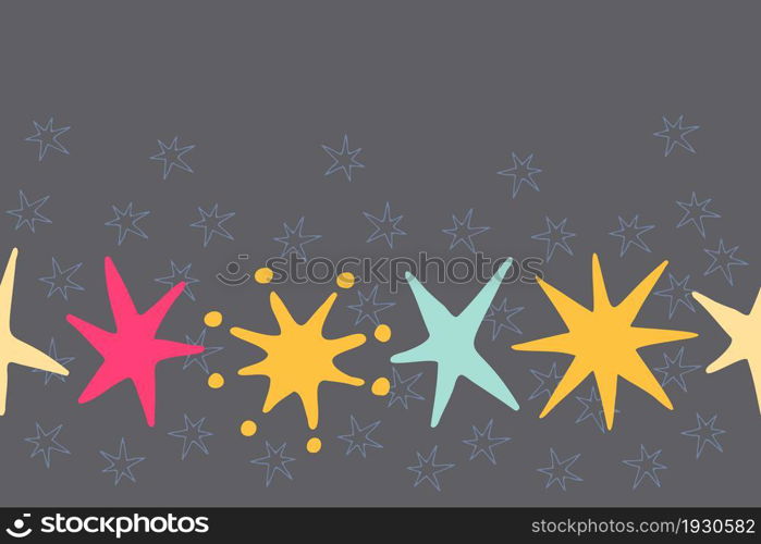 Cute cartoon colorful stars on a blue background. Seamless ribbon border. Vector illustration.