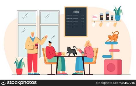Cute cartoon couple drinking coffee in cat cafe. Guy greeting happy young man and woman watching pets flat vector illustration. Cat cafe, animals concept for banner, website design or landing web page