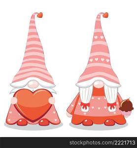 Cute cartoon couple of gnomes with hearts, Valentines day illustration.