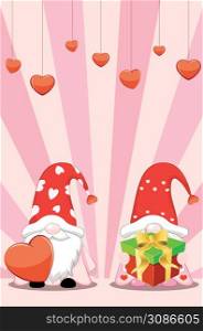Cute cartoon couple of gnomes with hearts, Valentines day illustration.