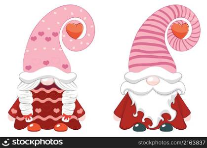 Cute cartoon couple of scandinavian gnomes, Valentine&rsquo;s day themed illustration.