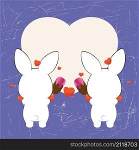Cute cartoon couple of white bunnies with heart, greeting card illustration.