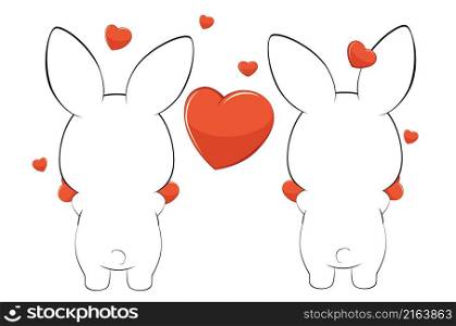 Cute cartoon couple of white bunnies with heart illustration.