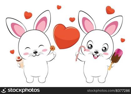 Cute cartoon couple of white bunnies with heart illustration.