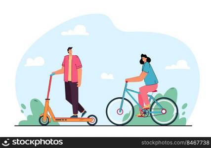 Cute cartoon couple riding ecological personal transport. Man on electric scooter, woman on bicycle outside flat vector illustration. Transportation concept for banner, website design or landing page