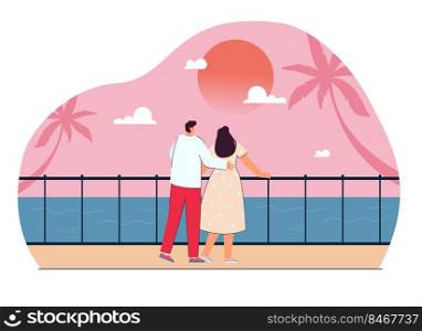 Cute cartoon couple watching sunset by sea together. Tourist hugging girlfriend on romantic vacation or holiday flat vector illustration. Romance, relationship, tourism, traveling concept for banner