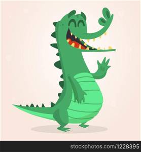 Cute cartoon crocodile. Vector illustration of a green crocodile waving ahands. Isolated on white