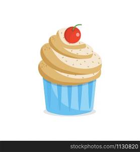 Cute cartoon cupcake with cherry on top. Vector illustration