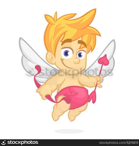 Cute cartoon cupid baby boy character with wings holding bow and arrows