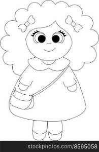 Cute cartoon curly Girl with a bag. Draw illustration in black and white