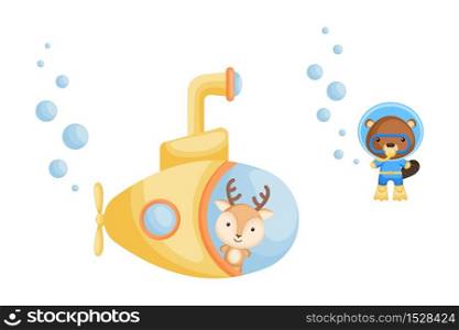 Cute cartoon deer looks out of submarine window and cute beaver in diving suit swim underwater. Design of t-shirt, album, card, invitation. Flat vector illustration isolated on white background.