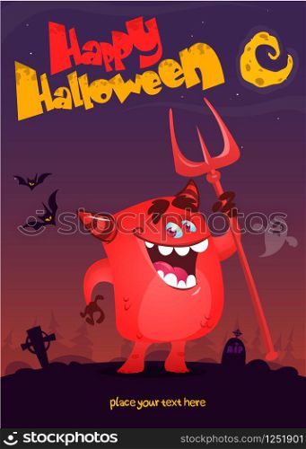 Cute cartoon devil. Vecor poster for Halloween party
