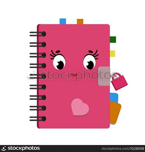 Cute cartoon diary in a pink cover with stickers and bookmarks. Cute character. Simple flat vector illustration isolated on white background. Cute cartoon diary in a pink cover with stickers and bookmarks. Cute character. Simple flat vector illustration isolated on white background.