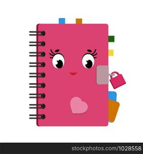 Cute cartoon diary in a pink cover with stickers and bookmarks. Cute character. Simple flat vector illustration isolated on white background. Cute cartoon diary in a pink cover with stickers and bookmarks. Cute character. Simple flat vector illustration isolated on white background.