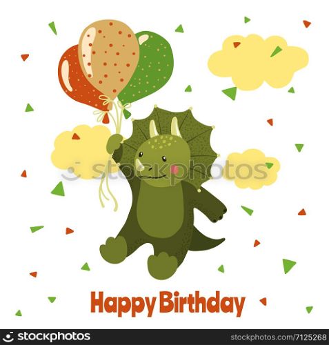 Cute cartoon dinosaur triceratops flying on balloons. Happy Birthday card. Vector illustration.. Happy birthday card with cute cartoon dinosaur.
