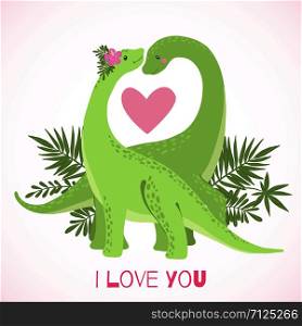 Cute cartoon dinosaurs in Love isolated on white background. Design element for Valentines day card, t-shirt, poster, or etc. Vector illustration.. Cute cartoon dinosaurs in Love isolated on white.