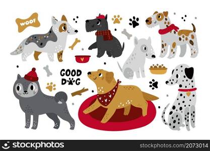 Cute cartoon dogs. Different pet breeds, funny animals characters, happy bull terrier, corgi, labrador and dalmatian with accessories collars childish collection, vector puppies elements isolated set. Cute cartoon dogs. Different pet breeds, funny animals characters, happy bull terrier, corgi, labrador and dalmatian with accessories collars childish collection, vector puppies set